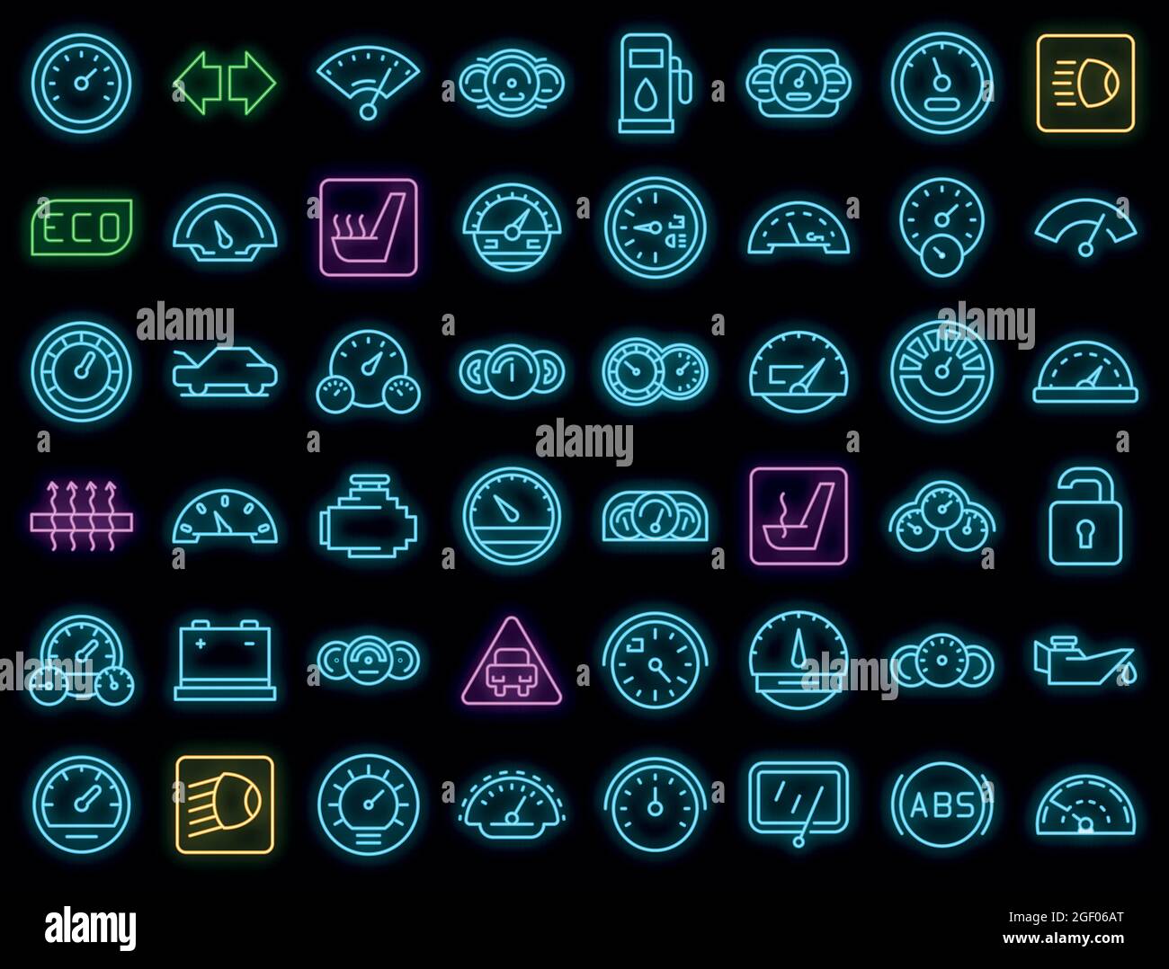 Car dashboard icons set. Outline set of car dashboard vector icons neon ...