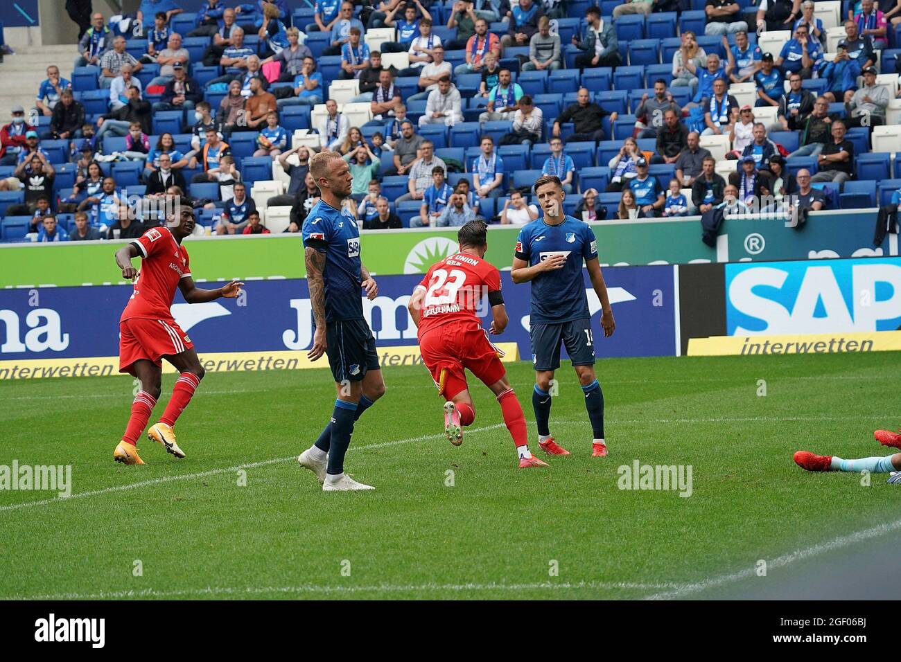 08/22/2021, PreZero-Arena, Sinsheim, GER, 1.FBL, TSG 1899 Hoffenheim vs Union Berlin, DFL regulations prohibit any use of photographs as image sequences and / or quasi-video. in the picture Niko Giesselmann (Union Berlin) scores the goal for 0: 1. Stock Photo