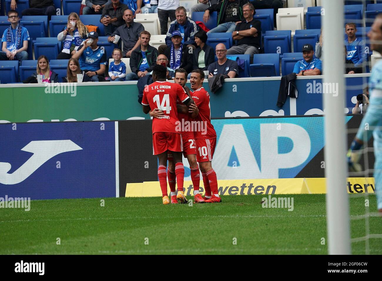 08/22/2021, PreZero-Arena, Sinsheim, GER, 1.FBL, TSG 1899 Hoffenheim vs Union Berlin, DFL regulations prohibit any use of photographs as image sequences and / or quasi-video. in the picture Niko Giesselmann (Union Berlin) cheers over the goal to 0: 1. Stock Photo