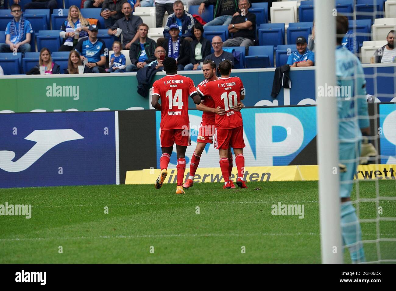 08/22/2021, PreZero-Arena, Sinsheim, GER, 1.FBL, TSG 1899 Hoffenheim vs Union Berlin, DFL regulations prohibit any use of photographs as image sequences and / or quasi-video. in the picture Niko Giesselmann (Union Berlin) cheers over the goal to 0: 1. Stock Photo