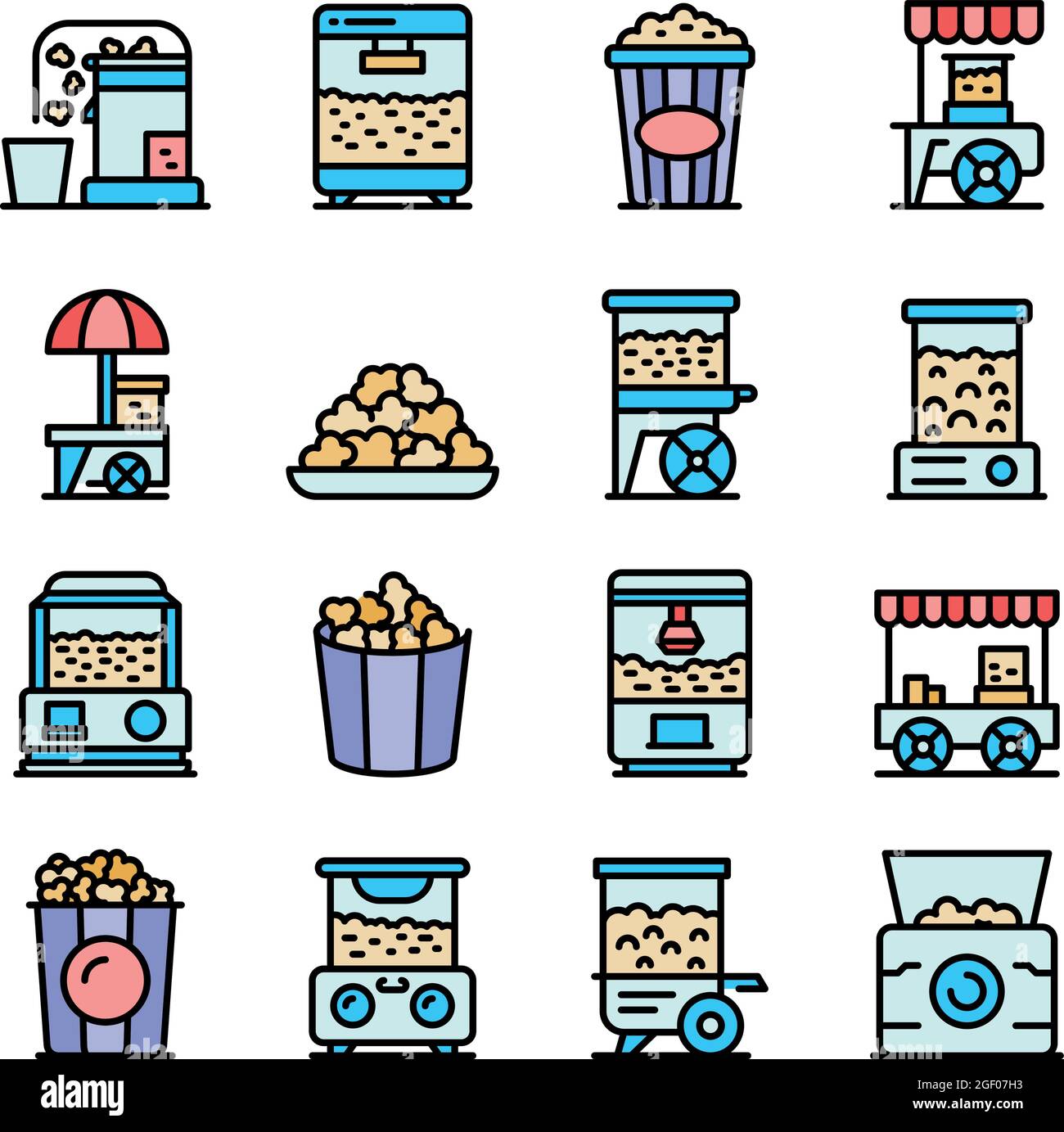 Popcorn maker machine icons set. Outline set of popcorn maker machine ...