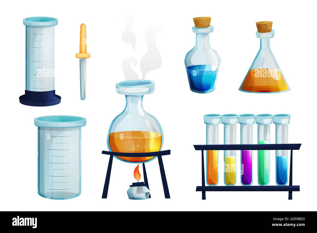 Laboratory set with glass flask with burner, test tubes with liquid,  beaker, glass dropper chemistry research