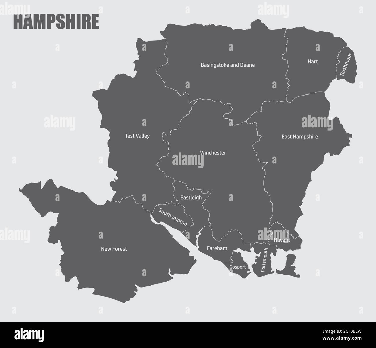 The Hampshire county isolated map divided in districts with labels, England Stock Vector