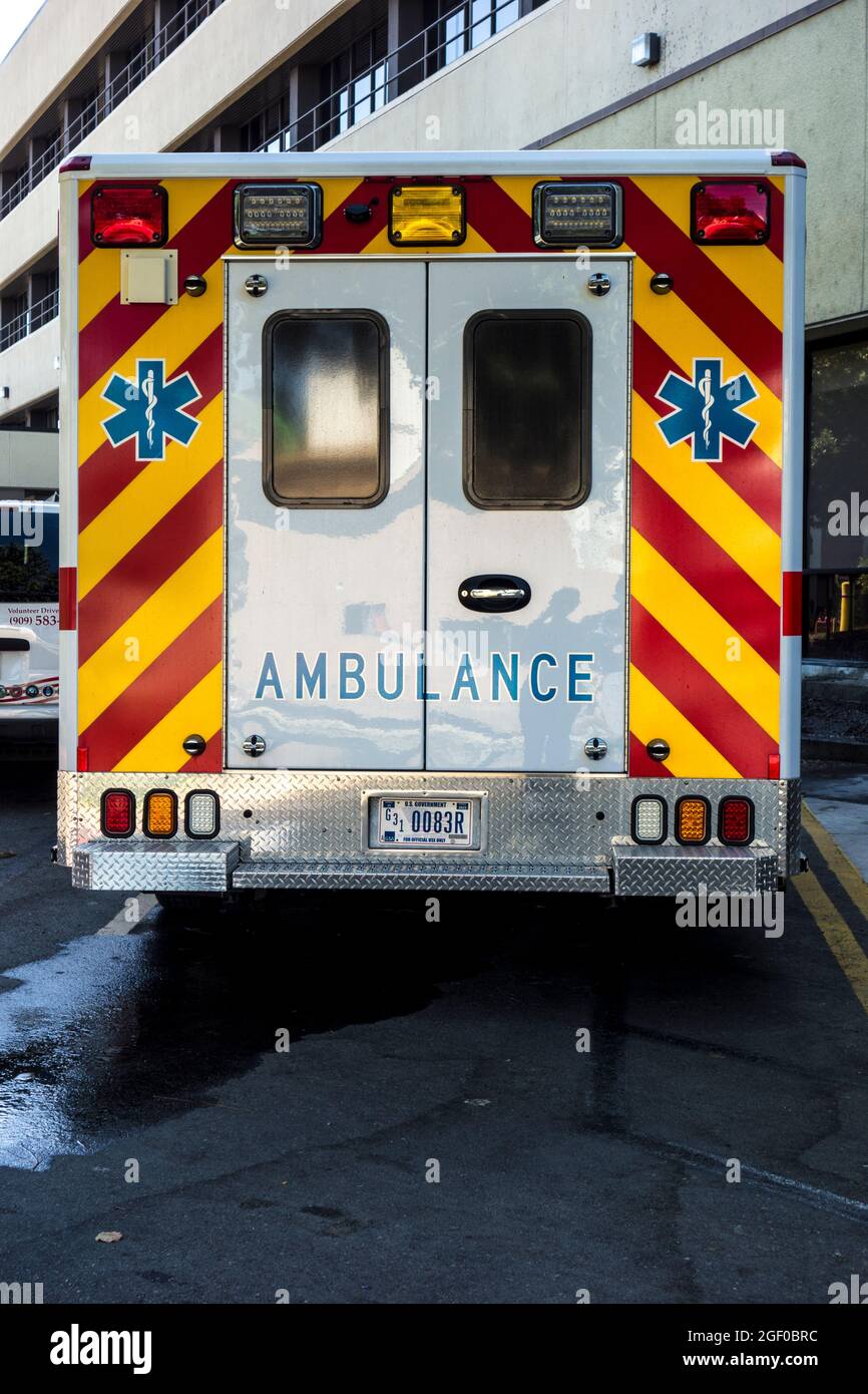 Rear view of an ambulance in California, USA Stock Photo