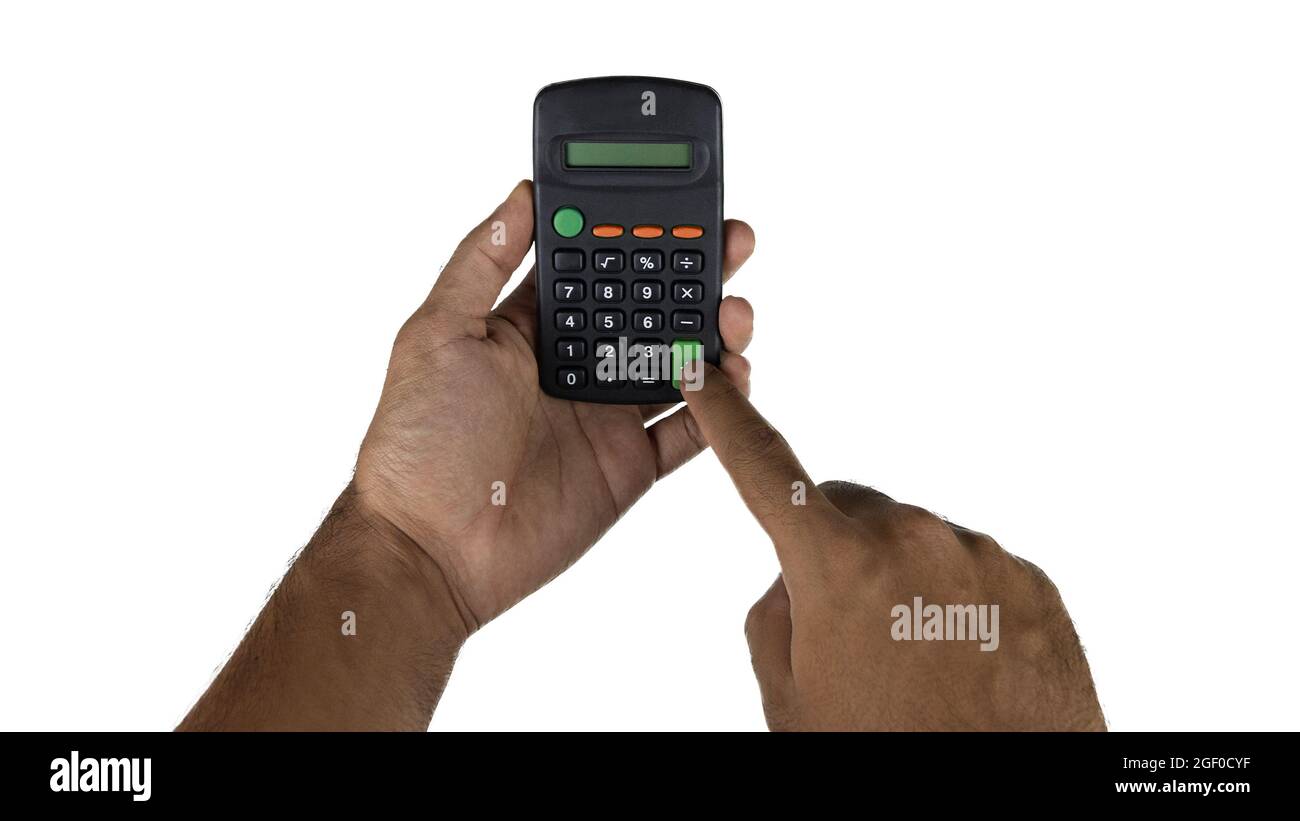 Holding electronic calculator isolated on white background. Male hand holding electronic. Stock Photo