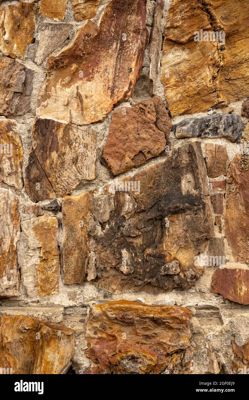 Wall of Petrified Wood on Historic Fireplace in Big Bend National Park Stock Photo