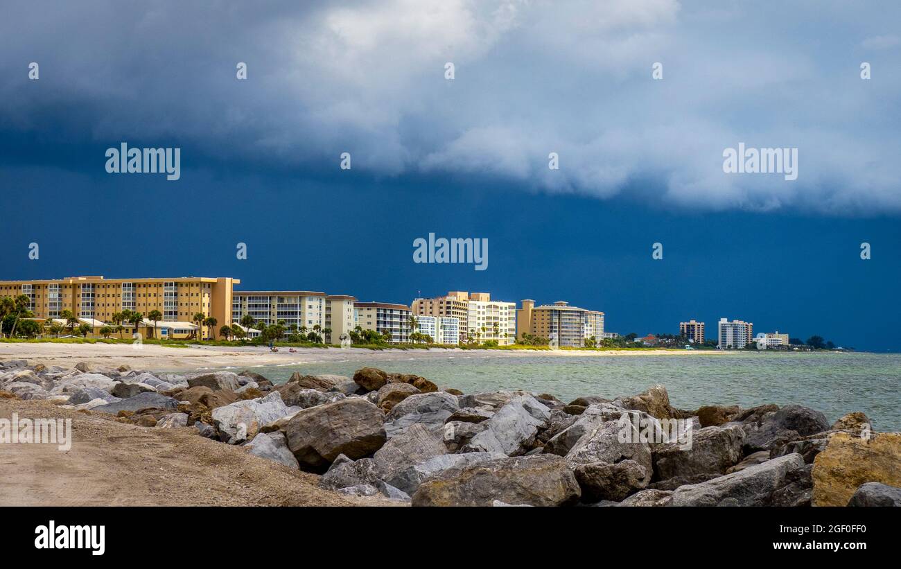 Dark sky of storm over Gulf of Mexico and Venice Florida USA Stock Photo