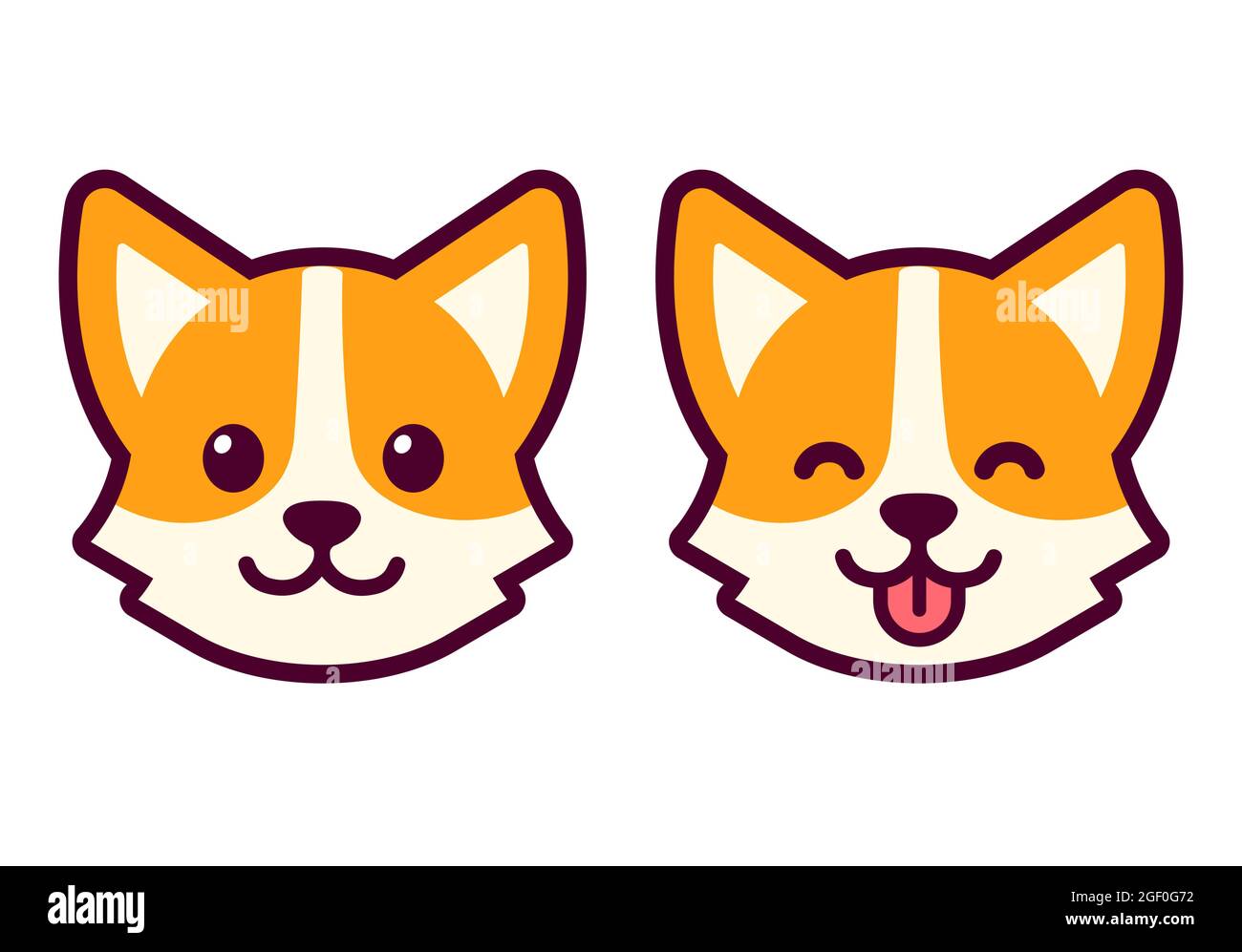 Cute cartoon corgi face drawing, normal and tongue out. Cute dog head icon, vector illustration set. Stock Vector