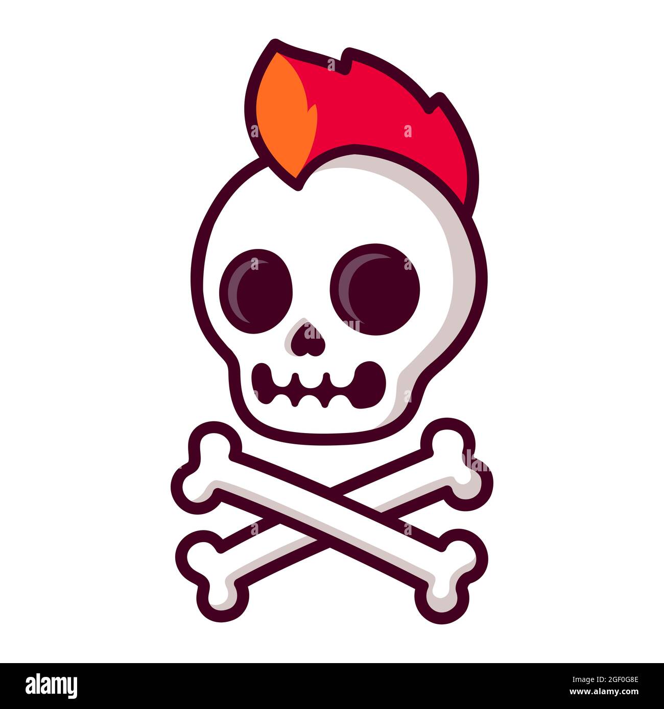 Cool cartoon punk rock skull and crossbones with bright red mohawk. Comic style Jolly Roger symbol. Vector clip art illustration. Stock Vector