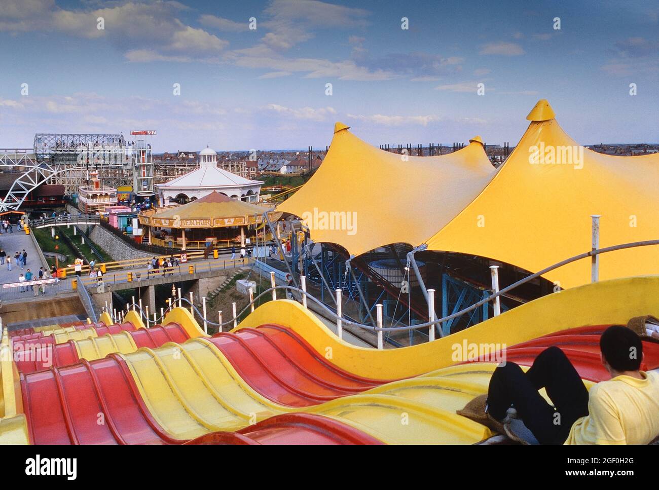 At the top of The Astroglide. A ninelane Giant Slide, Blackpool