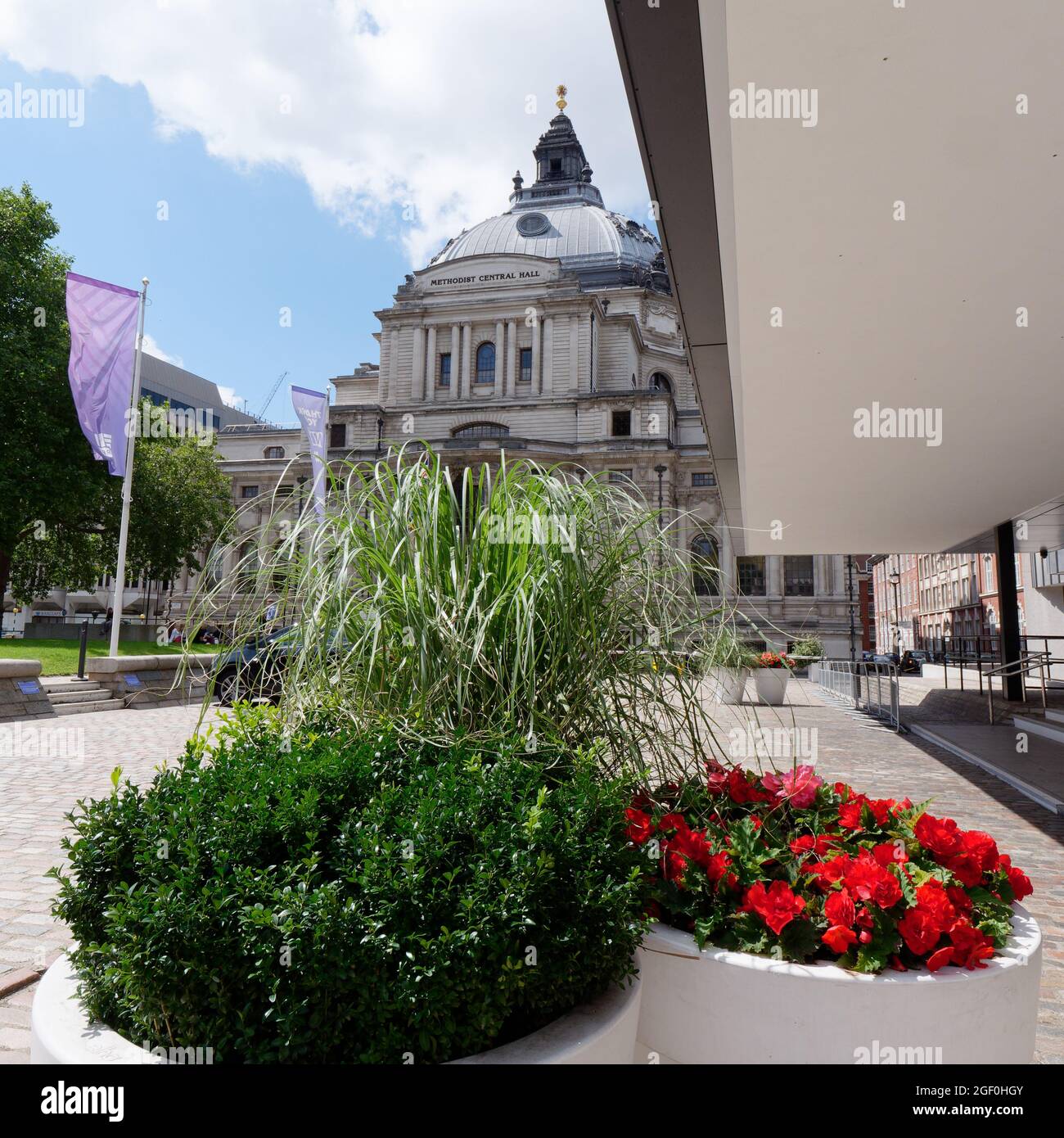 London, Greater London, England, August 10 2021: Flower boxes near Central Hall Westminster aka Methodist Central Hal. Stock Photo