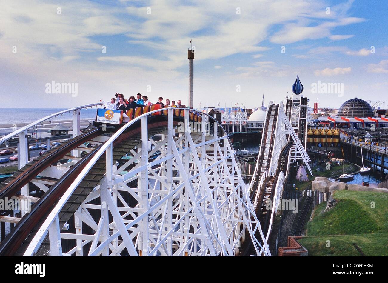 Big Dipper wooden roller coaster at Blackpool Pleasure Beach, Pleasure Beach Resort. Blackpool, Lancashire, England, UK. Circa 1988 Stock Photo