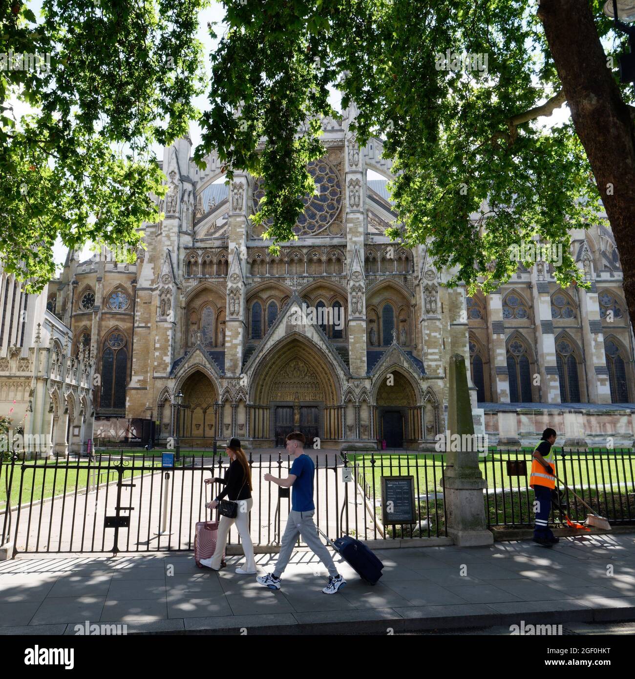 London, Greater London, England, August 10 2021: Elaborate facade of Gothic Westminster Abbey as seen from Parliament Square. Stock Photo