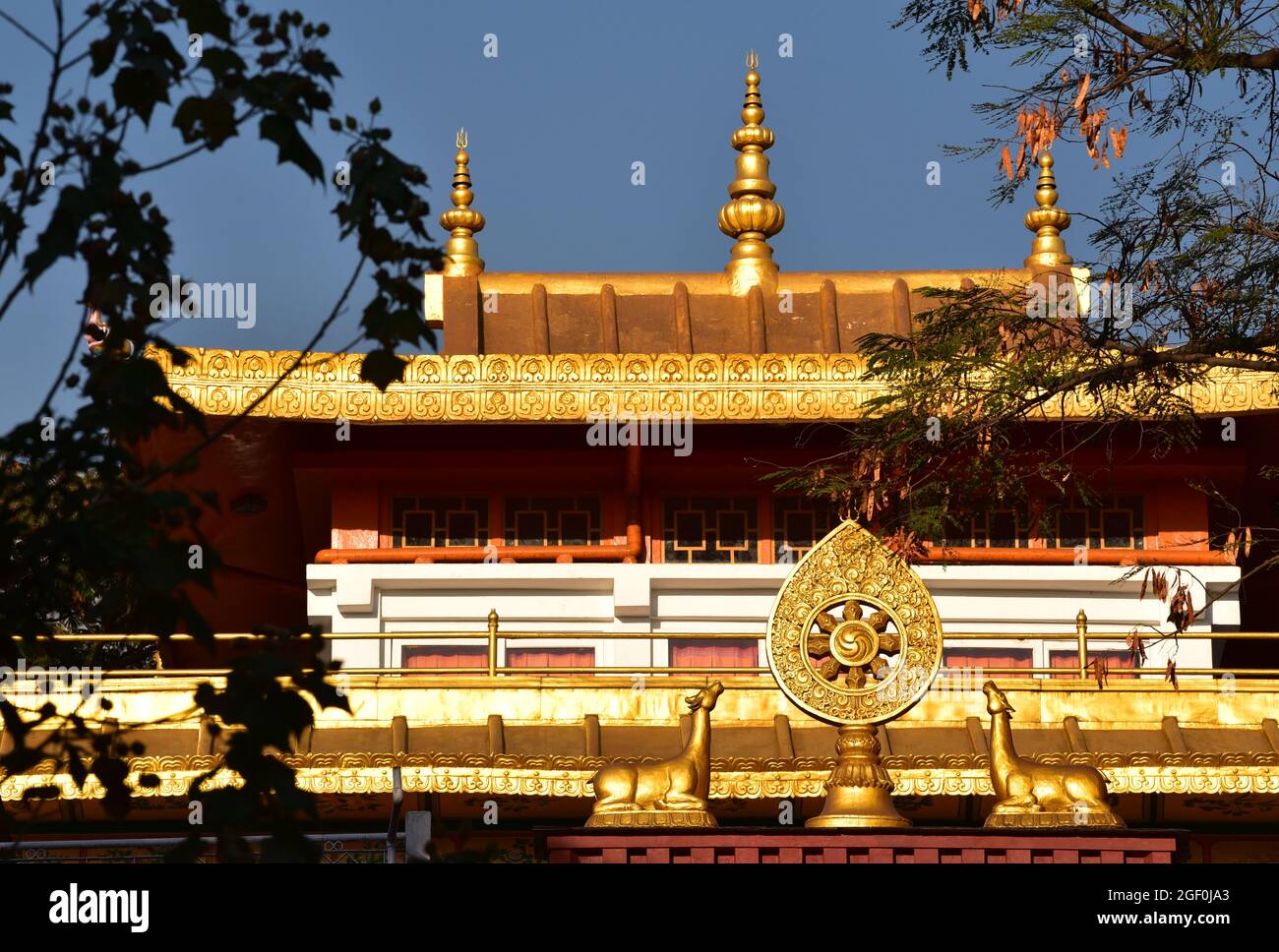 Gilded roofs of the Deden Tsuklagkhang Temple, with the Wheel of Life & two golden deer in the foreground, Norbulingka Institute, Dharamsala, India. Stock Photo