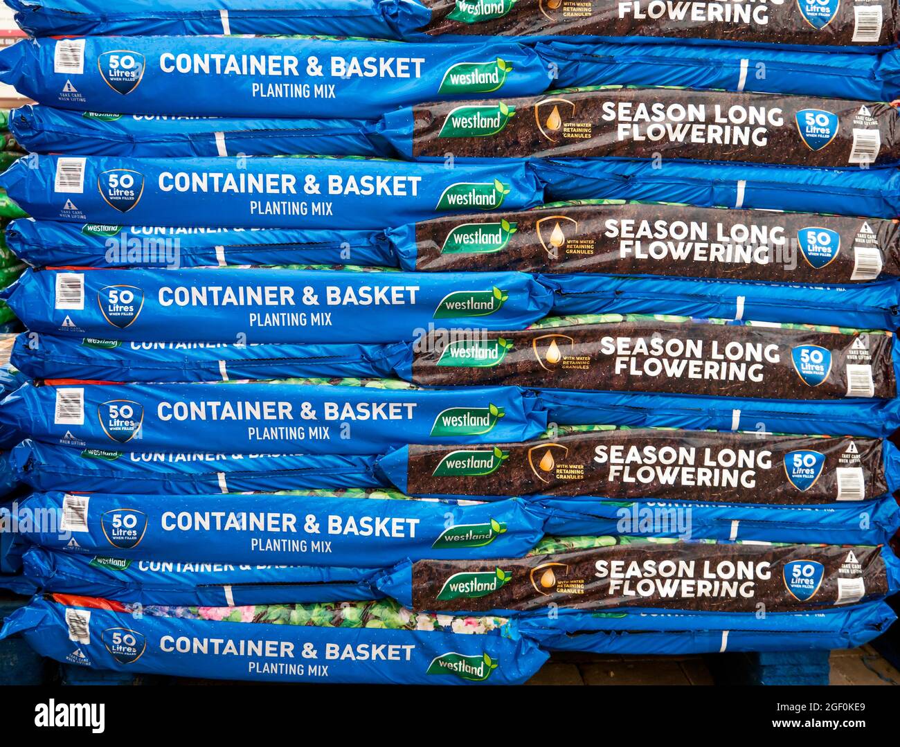 A stack of bags of Westland Brand Container and Basket Compost in a garden centre captioned