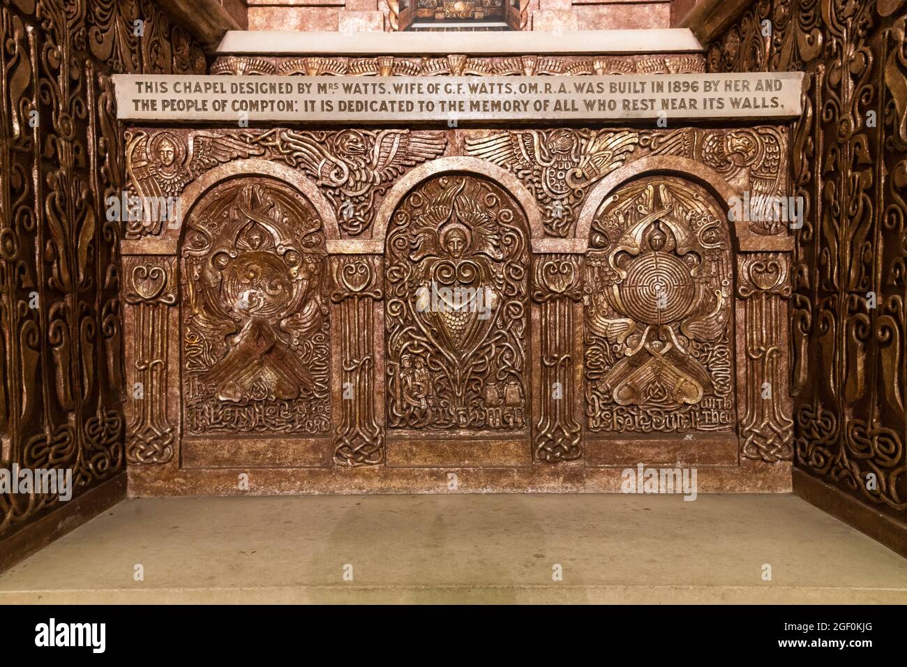 Details of the altar of the arts and crafts Watts Cemetery Chapel