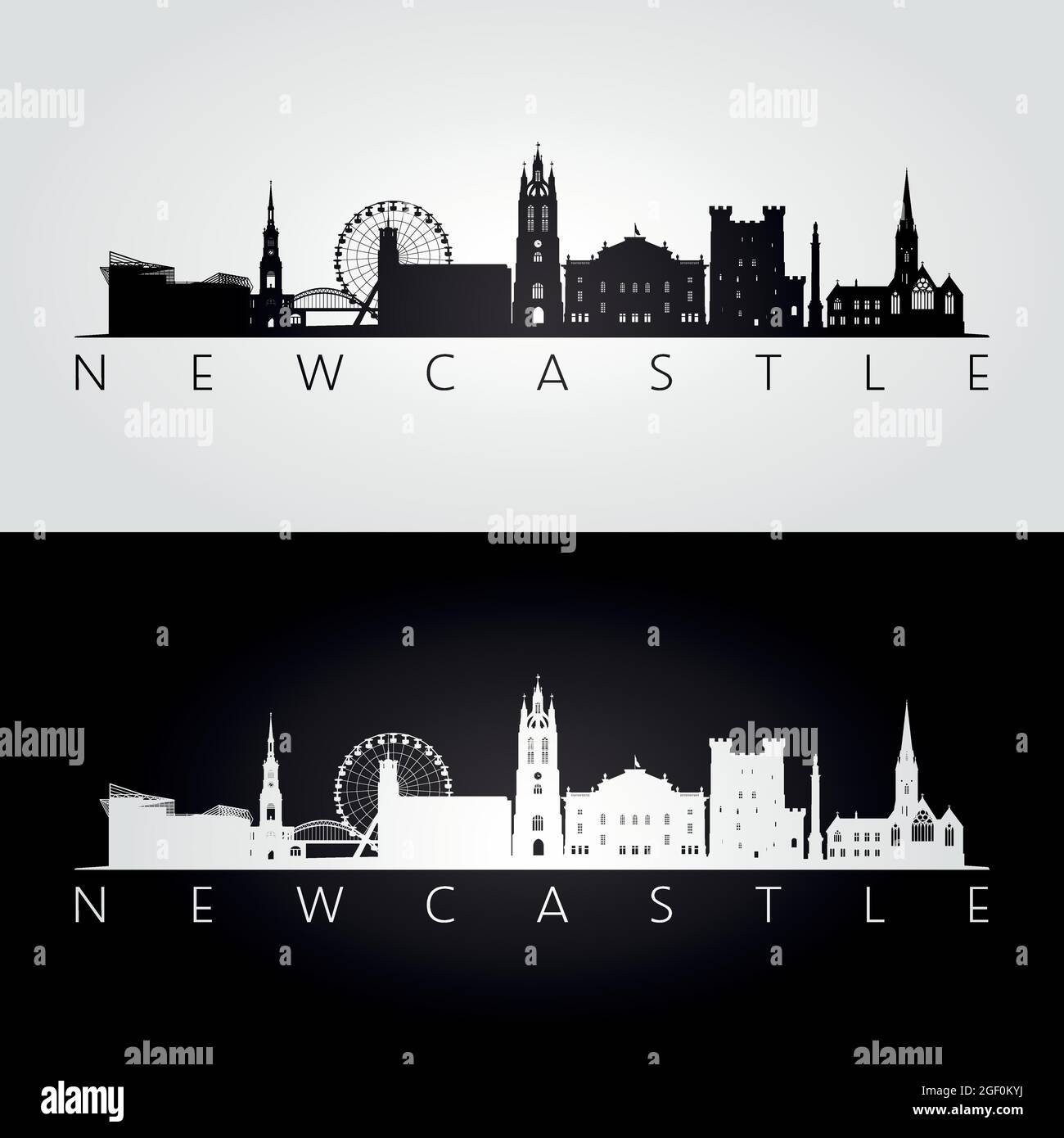 Newcastle skyline and landmarks silhouette, black and white design, vector illustration. Stock Vector