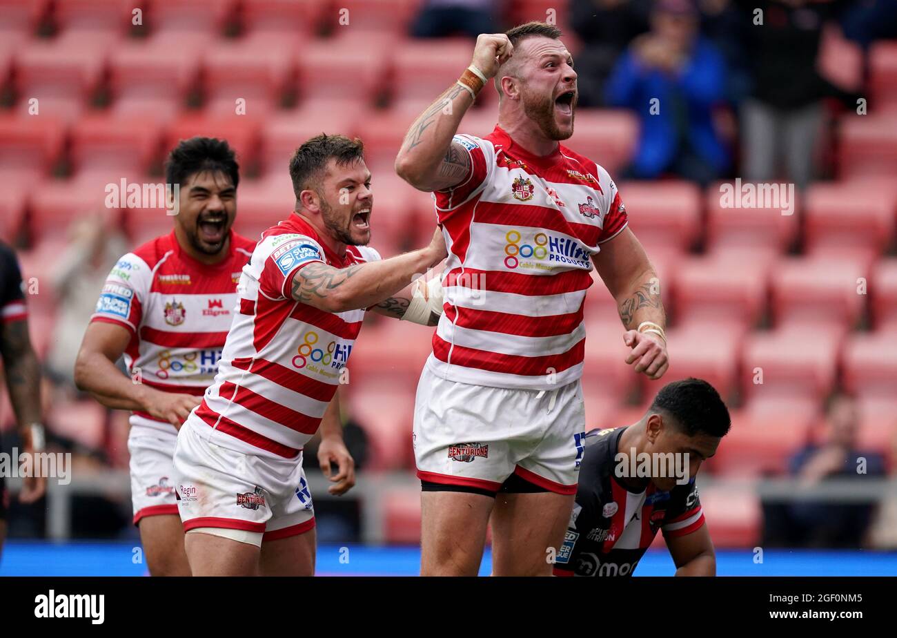Leigh Centurions’ Adam Sidlow celebrates after scoring a try during the ...