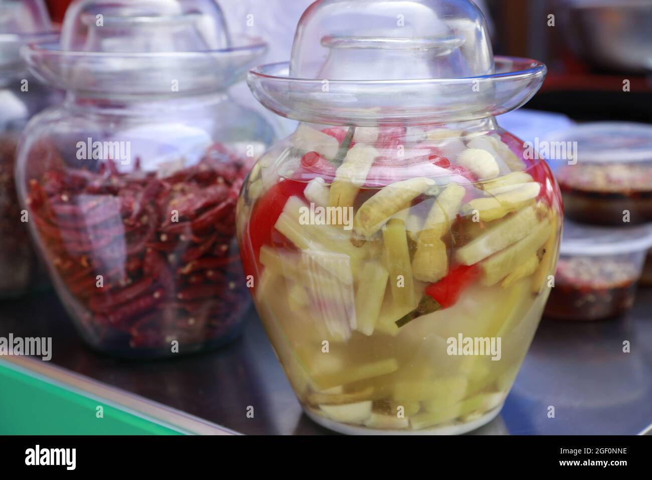Glass jar inside the bubble pepper pickles and chili Chinese prickly