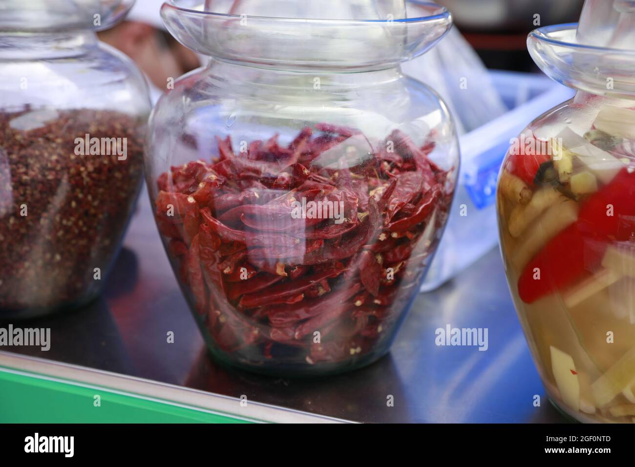 Glass jar inside the bubble pepper pickles and chili Chinese prickly