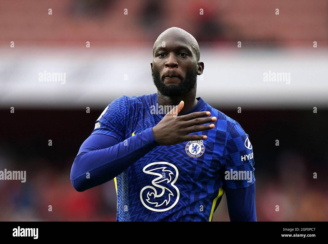 Chelsea's Romelu Lukaku reacts after the final whistle during the Premier League match at the Emirates Stadium, London. Picture date: Sunday August 22, 2021. Stock Photo