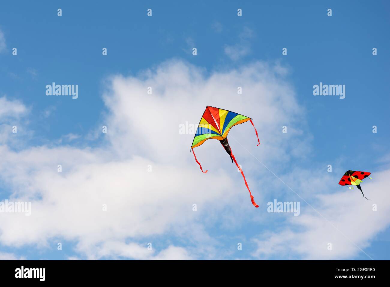 Flying kite. A multicolored kite is flying in the sky. Blue sky with