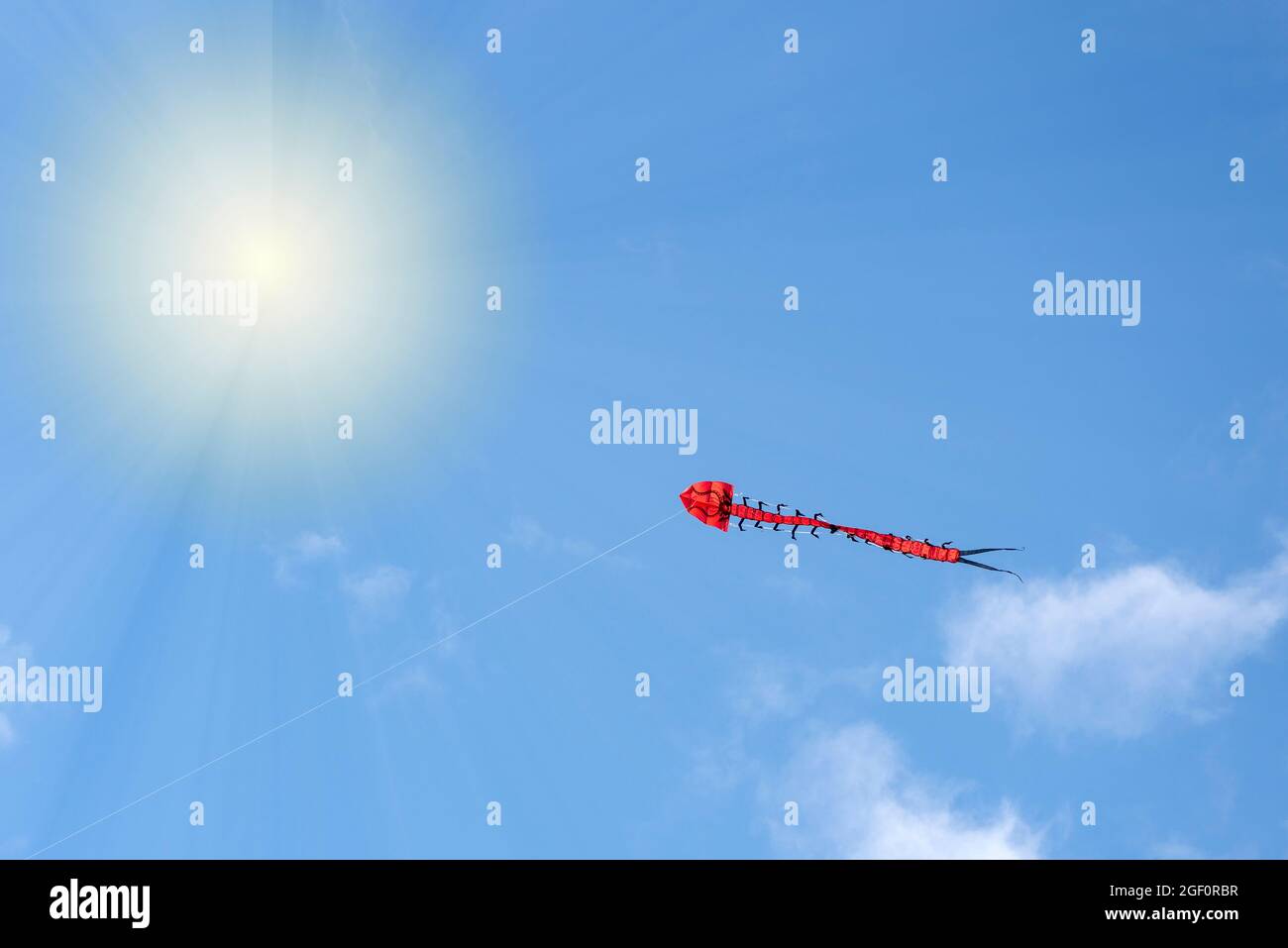 Flying kite. A multicolored kite is flying in the sky. Blue sky with