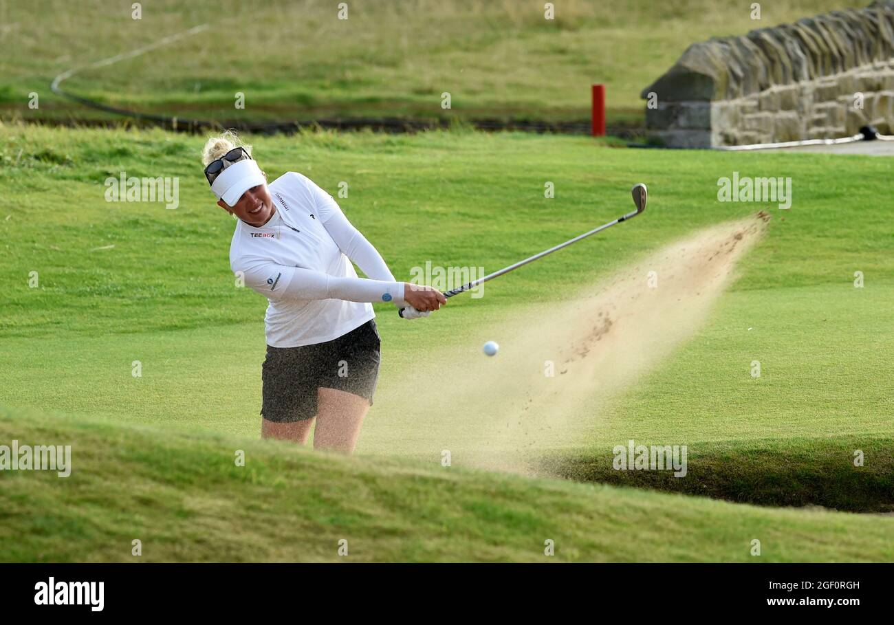 Nanna Koerstz Madsen in a bunker on the 18th  during day four of the AIG Women's Open at Carnoustie. Picture date: Sunday August 22, 2021. See PA story GOLF Women. Photo credit should read: Ian Rutherford/PA Wire. RESTRICTIONS: Use subject to restrictions. Editorial use only, no commercial use without prior consent from rights holder. Stock Photo