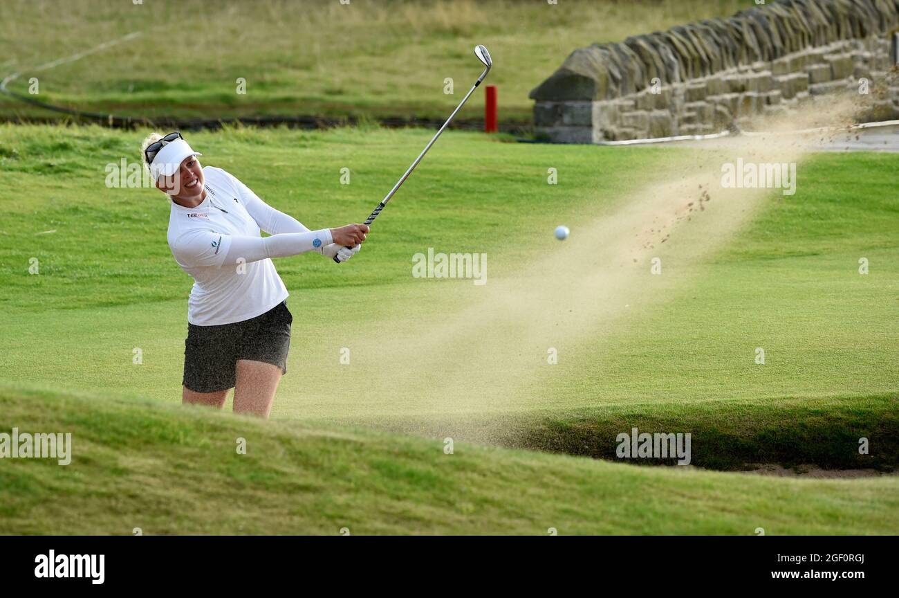 Nanna Koerstz Madsen in a bunker on the 18th during day four of the AIG Women's Open at Carnoustie. Picture date: Sunday August 22, 2021. See PA story GOLF Women. Photo credit should read: Ian Rutherford/PA Wire. RESTRICTIONS: Use subject to restrictions. Editorial use only, no commercial use without prior consent from rights holder. Stock Photo