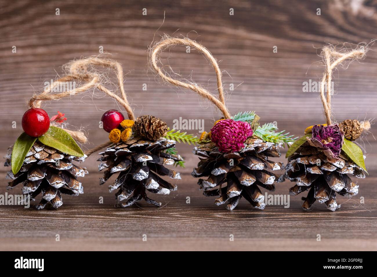 Handmade Christmas tree toys made of pine cones decorated with natural materials against background of cut tree. Decorations with suspension of hemp Stock Photo Alamy
