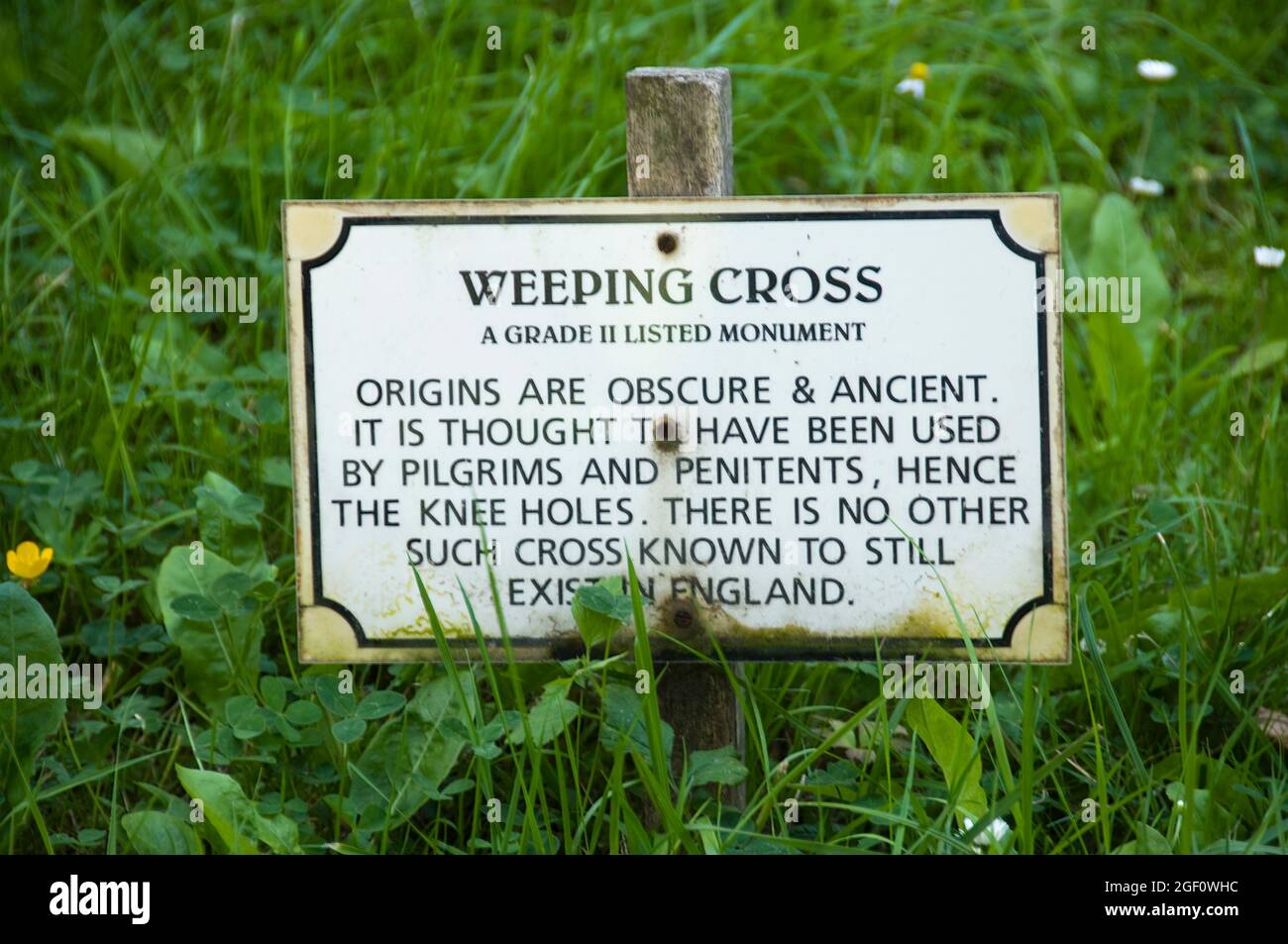 Weeping Cross information sign at All Saints' Church, Ripley on 8th July 2008 Stock Photo