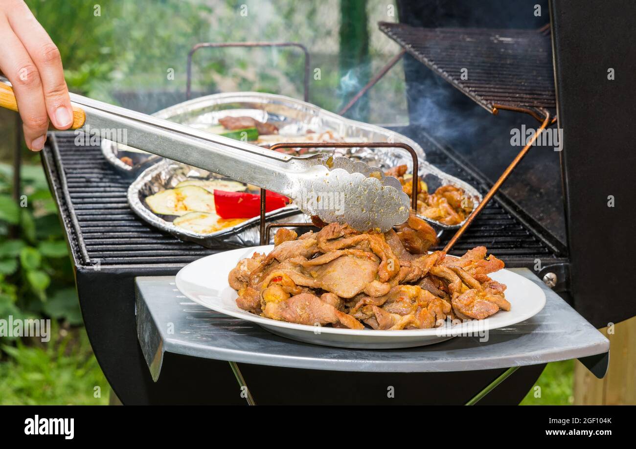 https://c8.alamy.com/comp/2GF104K/grilling-of-hot-pork-meat-and-vegetable-slices-on-charcoal-grill-on-garden-bbq-party-detail-of-human-hand-holding-metal-tongs-barbecue-meal-on-plate-2GF104K.jpg