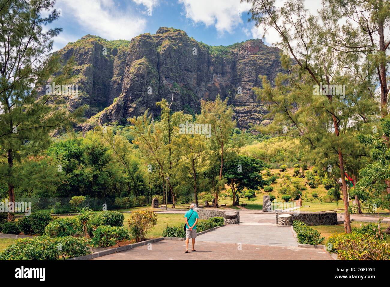 Mauritius, Mascarene Islands.  The Slave Route Monument at the foot of Le Morne Brabant mountain.  The mountain was used as a haven by escaped slaves. Stock Photo