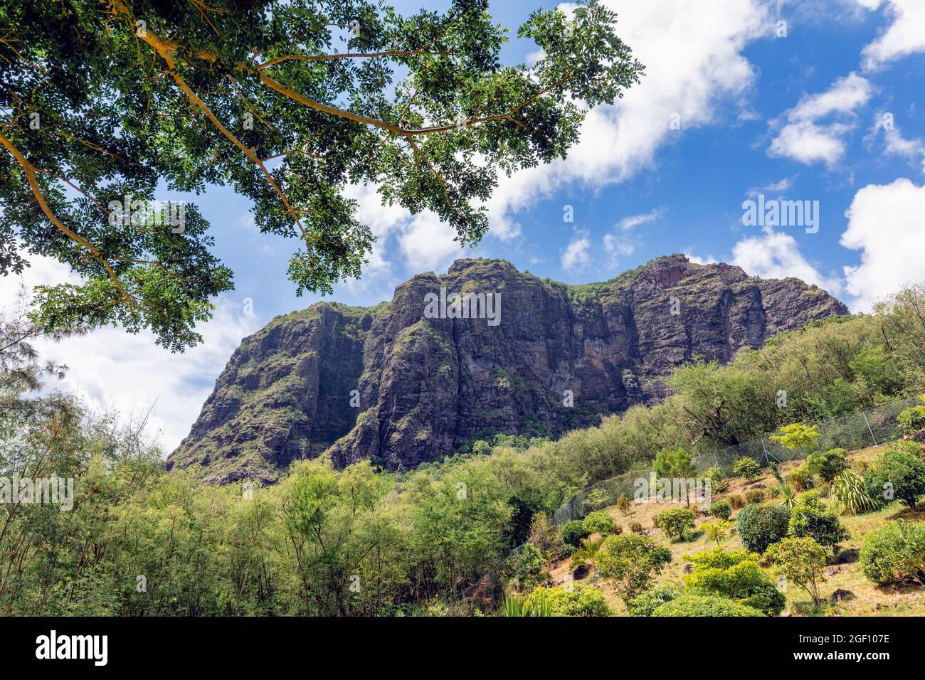 Mauritius, Mascarene Islands.  Le Morne Brabant mountain.  The mountain was used as a haven by escaped slaves. The Le Morne Cultural Landscape is a UN Stock Photo