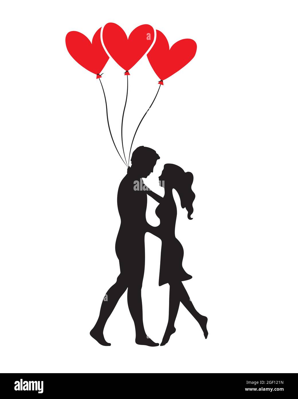 Couple Silhouettes holding red heart balloons, Vector. Man and woman ...