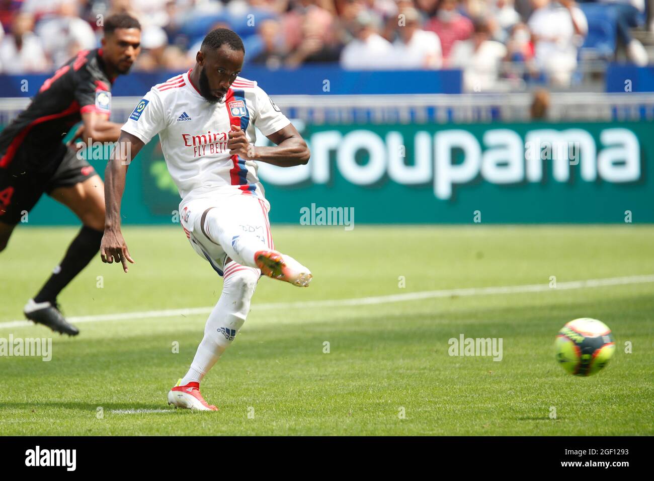 Moussa DEMBELE of Lyon penalty during the French championship Ligue 1 football match between Olympique Lyonnais and Clermont Foot 63 on August 22, 2021 at Groupama stadium in Decines-Charpieu near Lyon, France - Photo Romain Biard / Isports / DPPI Stock Photo