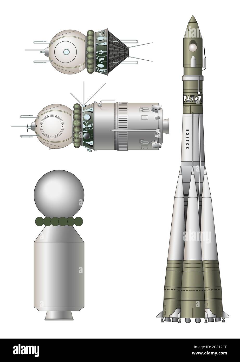 Vostok - Voskhod - spacecraft with the last stage of the carrier rocket - illustration Stock Photo