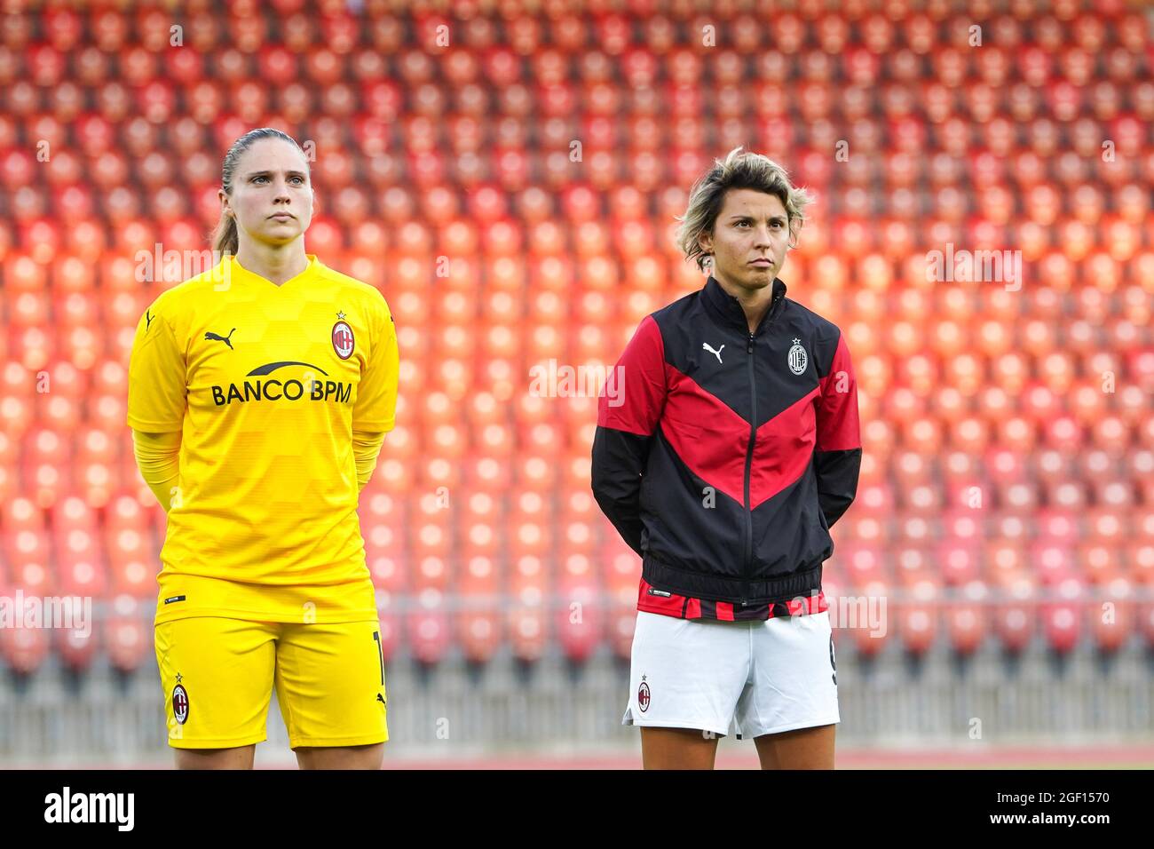 Zurich, Switzerland. 20th Aug, 2021. Goalkeeper Laura Giuliani (1 Milan)  and Valentina Giacinti (9 Milan) during the UWCL anthem prior to the UEFA  Womens Champions League Round 1 Finals football match between