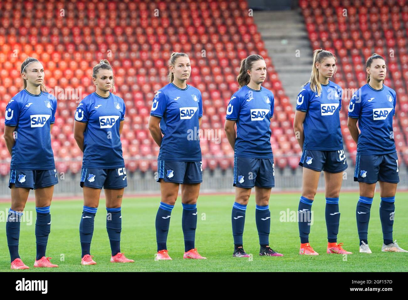 Zurich, Switzerland. 20th Aug, 2021. Players of TSG Hoffenheim during the  UWCL anthem prior to the UEFA Womens Champions League Round 1 Finals  football match between TSG Hoffenheim and AC Milan at