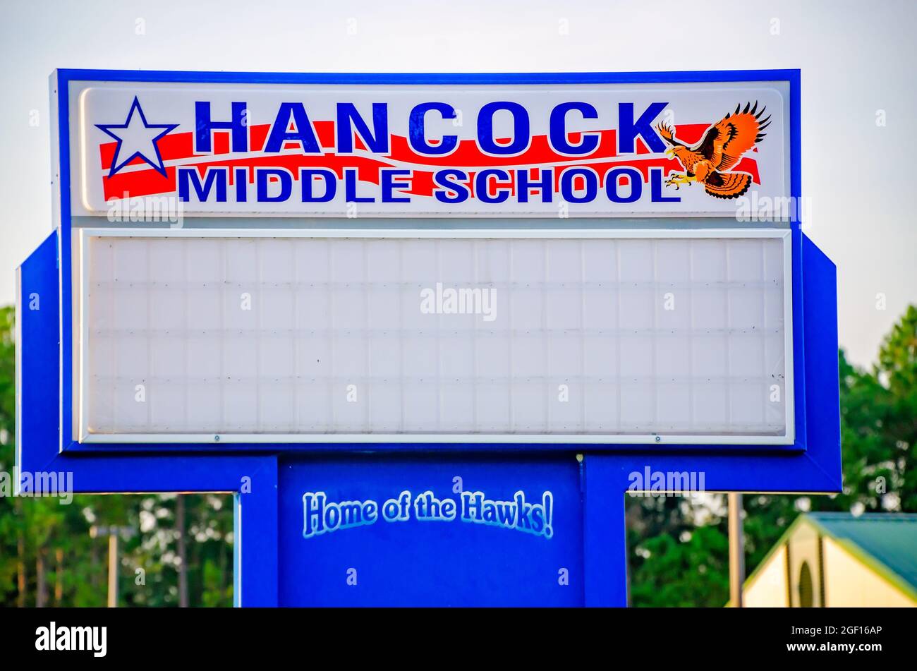 Hancock Middle School is temporarily closed due to a surge of COVID-19 cases across the Mississippi Gulf Coast, Aug. 22, 2021, in Kiln, Mississippi. Stock Photo