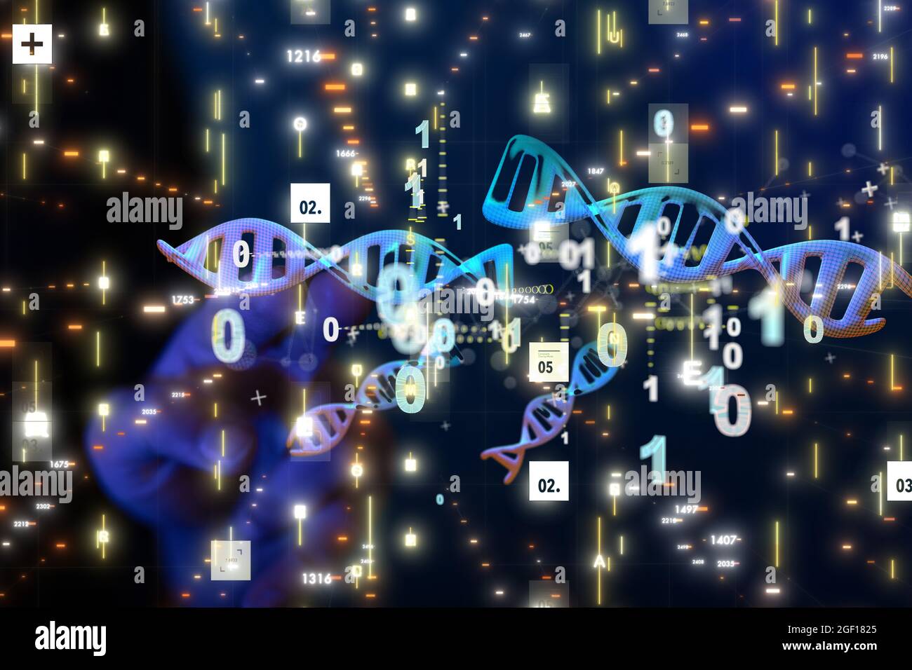 A futuristic 3D rendering of the DNA and binary code network Stock ...