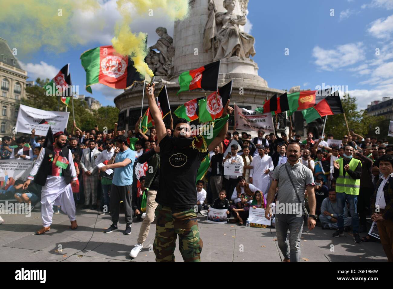 *** STRICTLY NO SALES TO FRENCH MEDIA OR PUBLISHERS - RIGHTS RESERVED ***August 22, 2021 - Paris, France: Hundreds of Afghan and French people gather in Place de la Republique to protest against the Taliban takeover of Afghanistan and demand a safe evacuation for Afghan people and their family from Kabul airport. Stock Photo