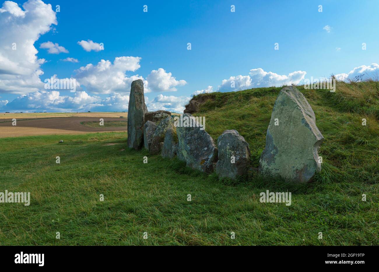 the beautiful aged stone of early neolithic chambered tombs at West Kennet Long Barrow, part of the Avebury World Heritage Site, Wiltshire UK Stock Photo