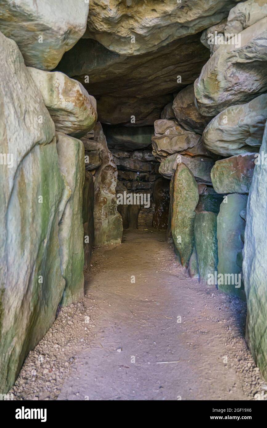 the beautiful aged stone inside early neolithic chambered tombs at West Kennet Long Barrow, part of the Avebury World Heritage Site, Wiltshire UK Stock Photo
