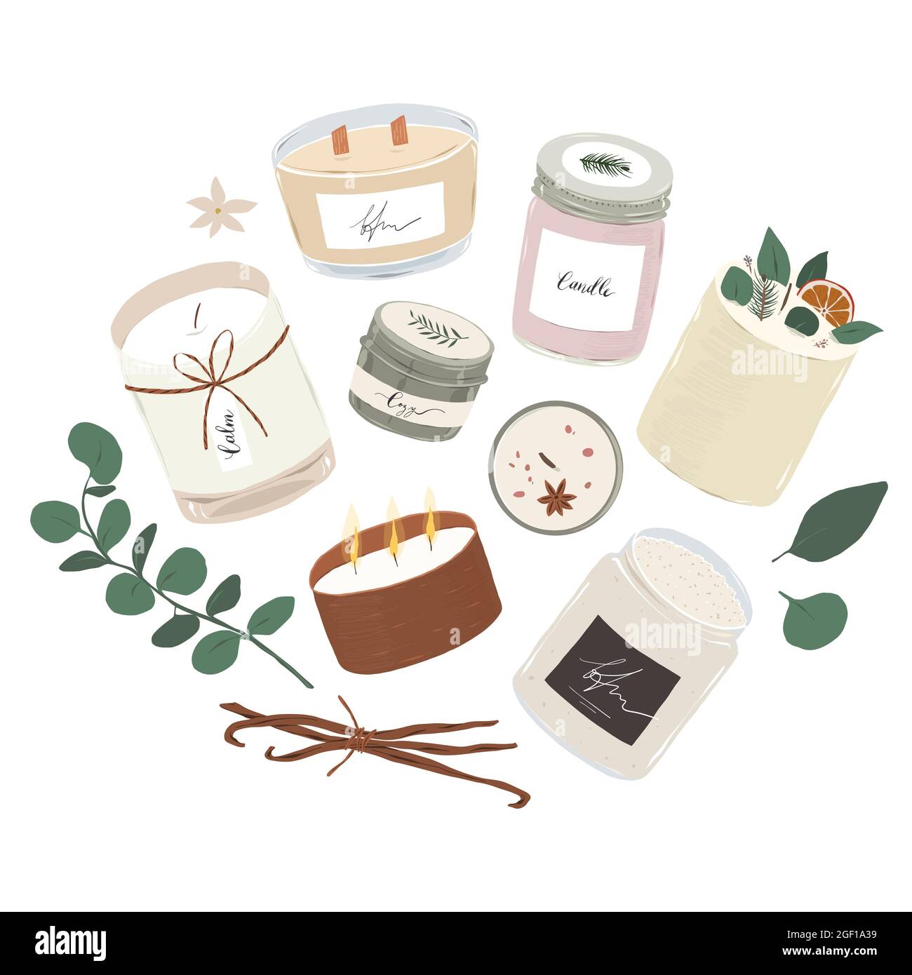 Various scented candles, burning aromatic candles in glass, aluminum