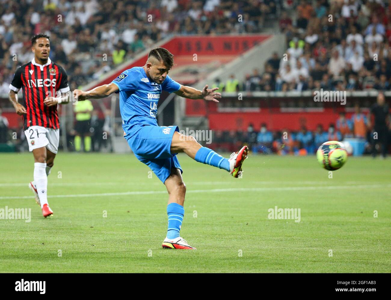 Nice, France. 22nd Aug, 2021. Cengiz Under of Marseille during the French  championship Ligue 1 football match between OGC Nice (OGCN) and Olympique  de Marseille (OM) on August 22, 2021 at Allianz