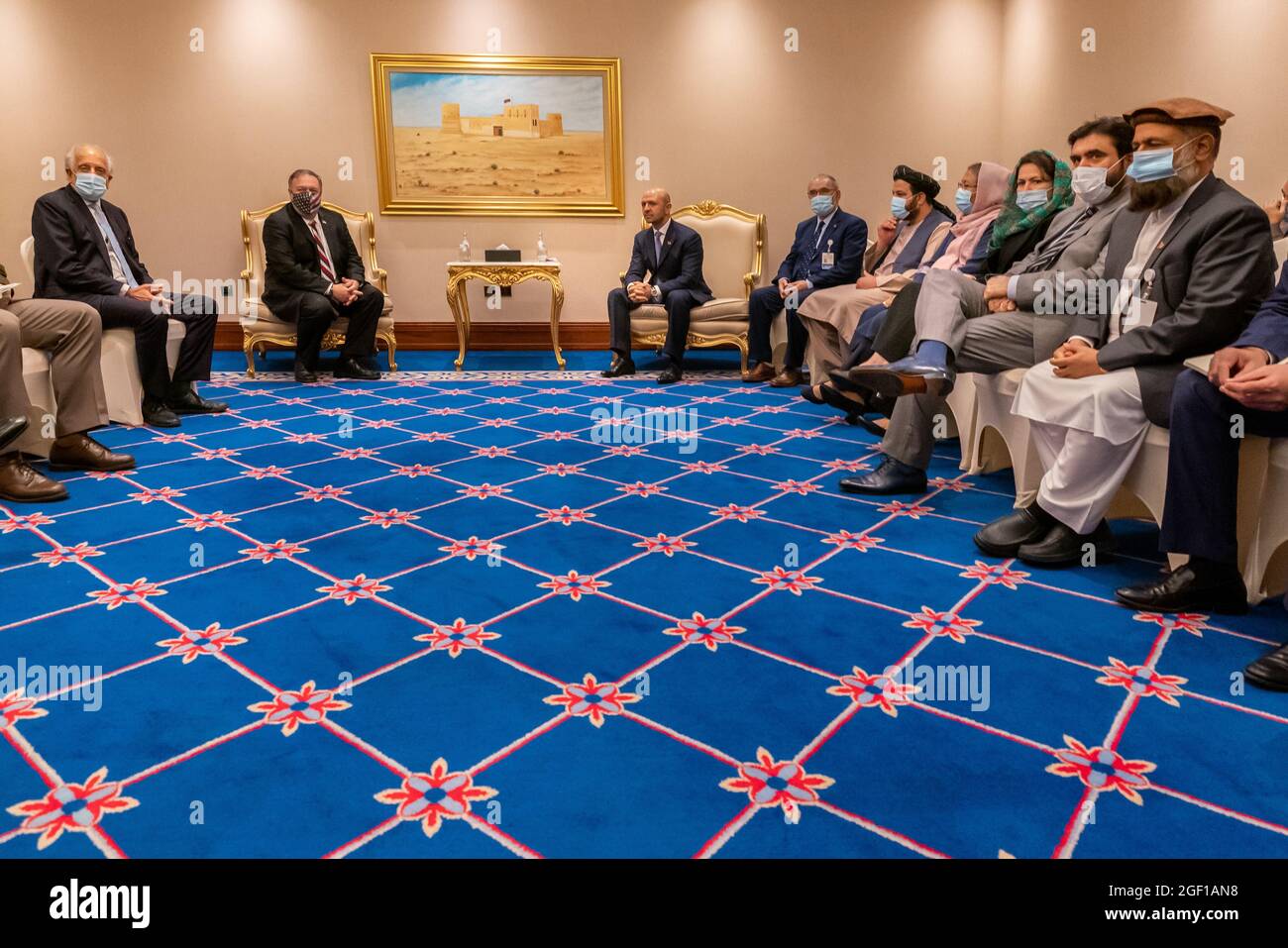 Secretary Pompeo Meets With the Taliban Delegation U.S. Secretary of State Michael R. Pompeo meets with the Taliban Delegation in Doha, Qatar, on September 12, 2020. Stock Photo