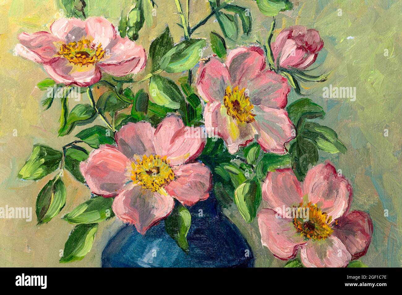 Close of fragment of oil painting depicting still life of flowers in vase. Macro impasto painting. Stock Photo