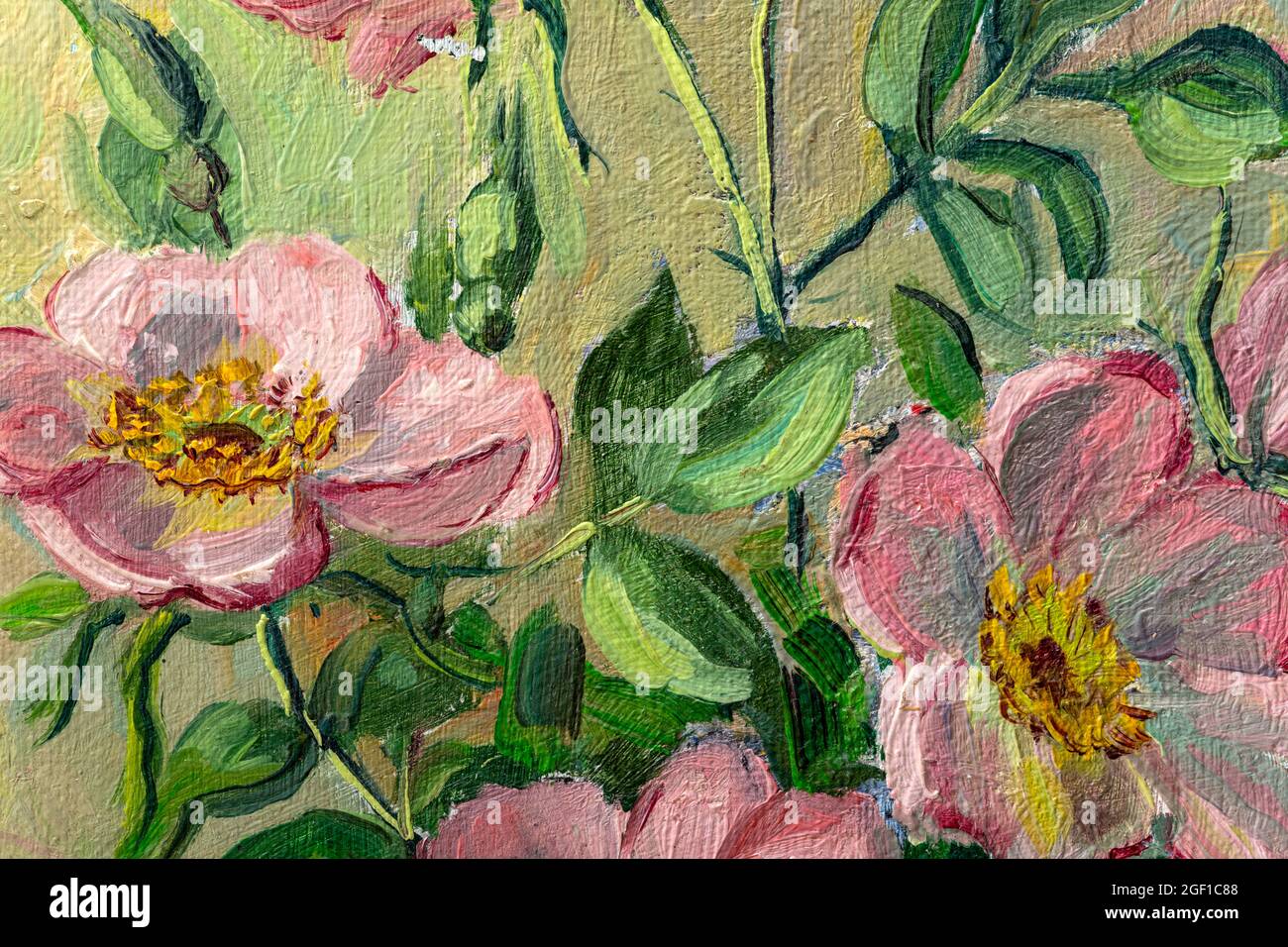 Close of fragment of oil painting depicting still life of flowers in vase. Macro impasto painting. Stock Photo