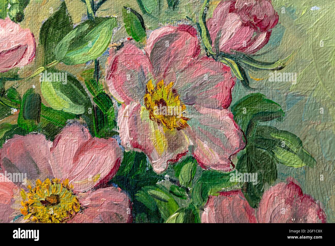 Close of fragment of oil painting depicting still life of flowers in vase. Macro impasto painting. Stock Photo